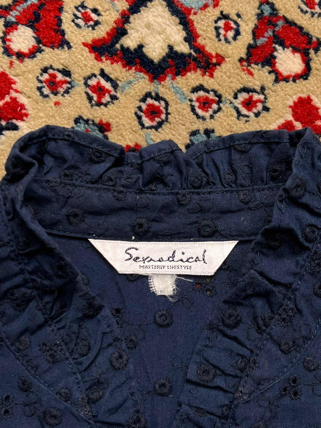 Sensical Mastery Lifestyle Navy Blue Eyelet Ruffle Collar Blouse - M
