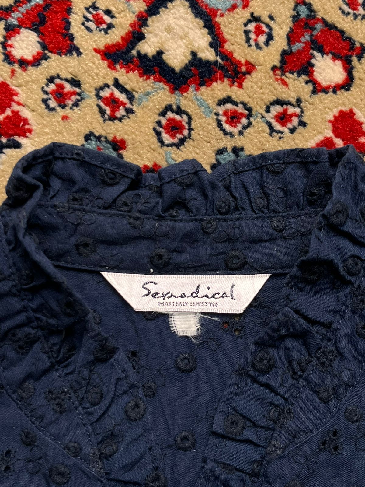 Sensical Mastery Lifestyle Navy Blue Eyelet Ruffle Collar Blouse - M