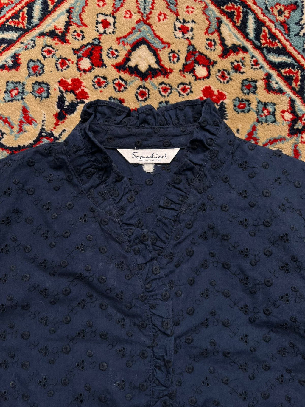 Sensical Mastery Lifestyle Navy Blue Eyelet Ruffle Collar Blouse - M