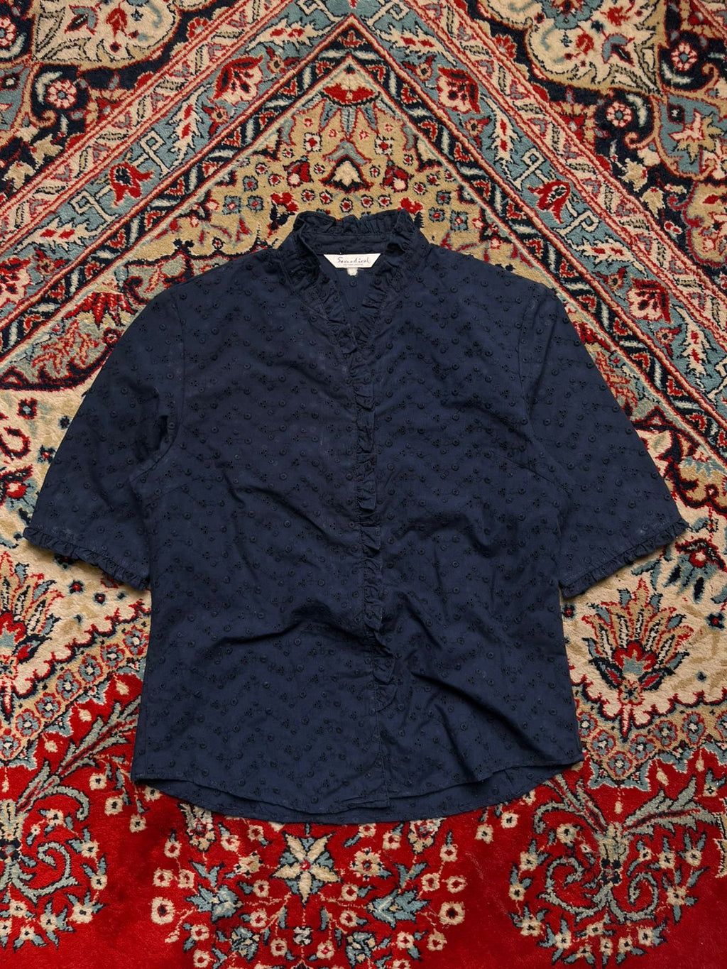 Sensical Mastery Lifestyle Navy Blue Eyelet Ruffle Collar Blouse - M