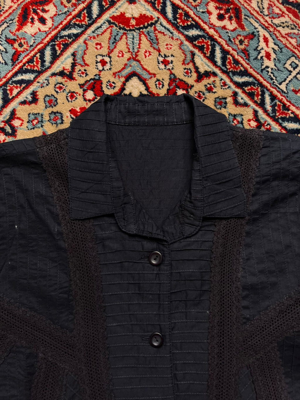 Vintage Style Black Pintuck Lace Inset Button Up Blouse - XL