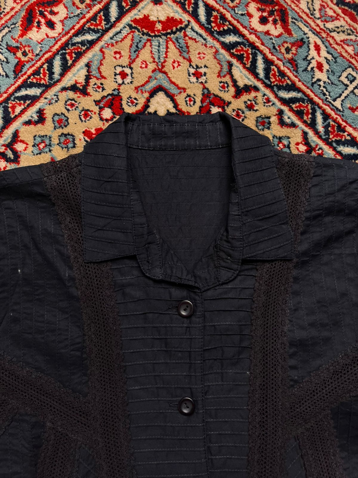 Vintage Style Black Pintuck Lace Inset Button Up Blouse - XL