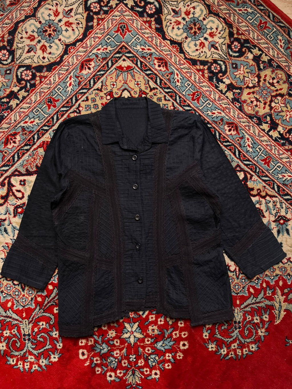 Vintage Style Black Pintuck Lace Inset Button Up Blouse - XL