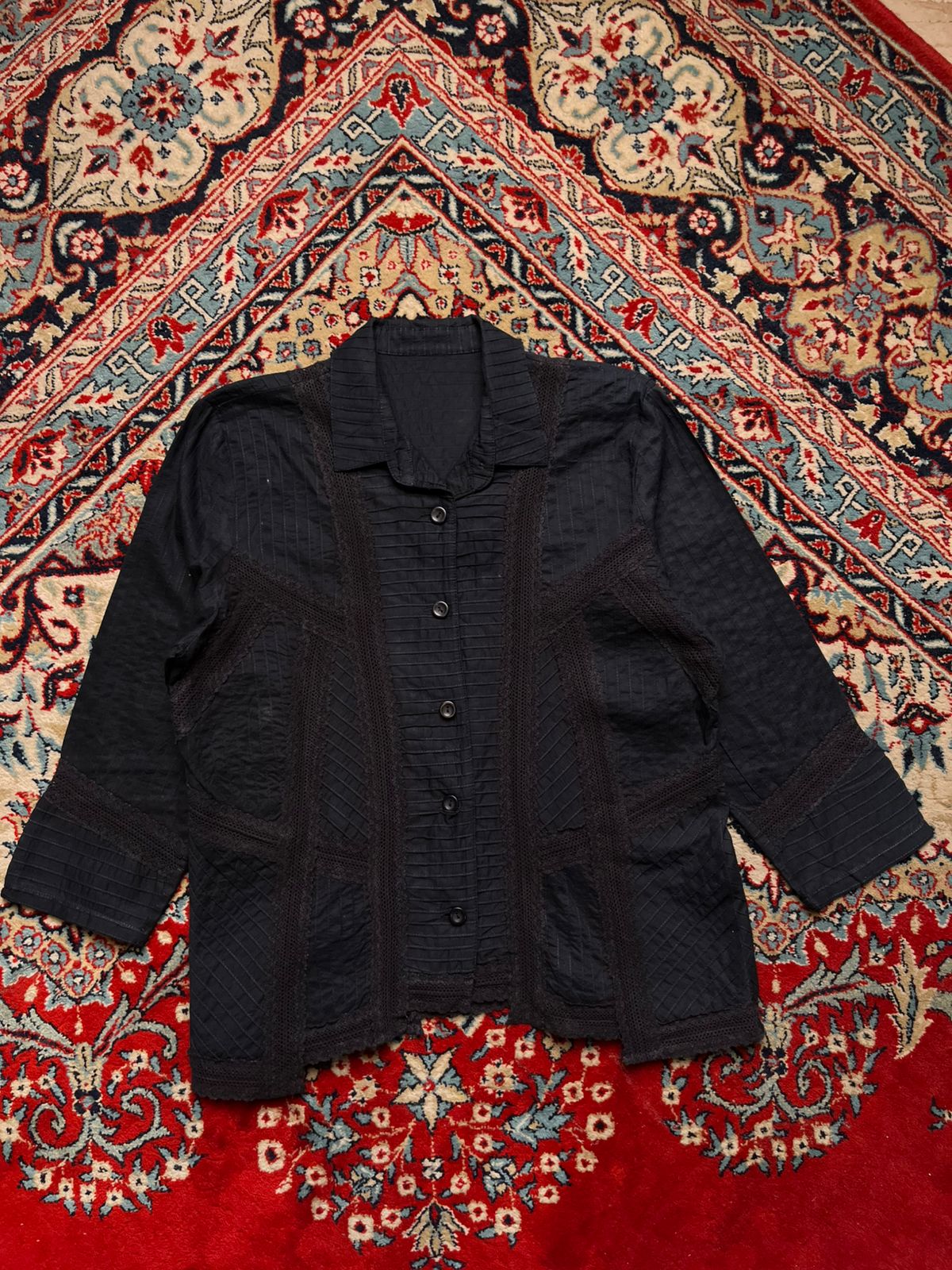 Vintage Style Black Pintuck Lace Inset Button Up Blouse - XL
