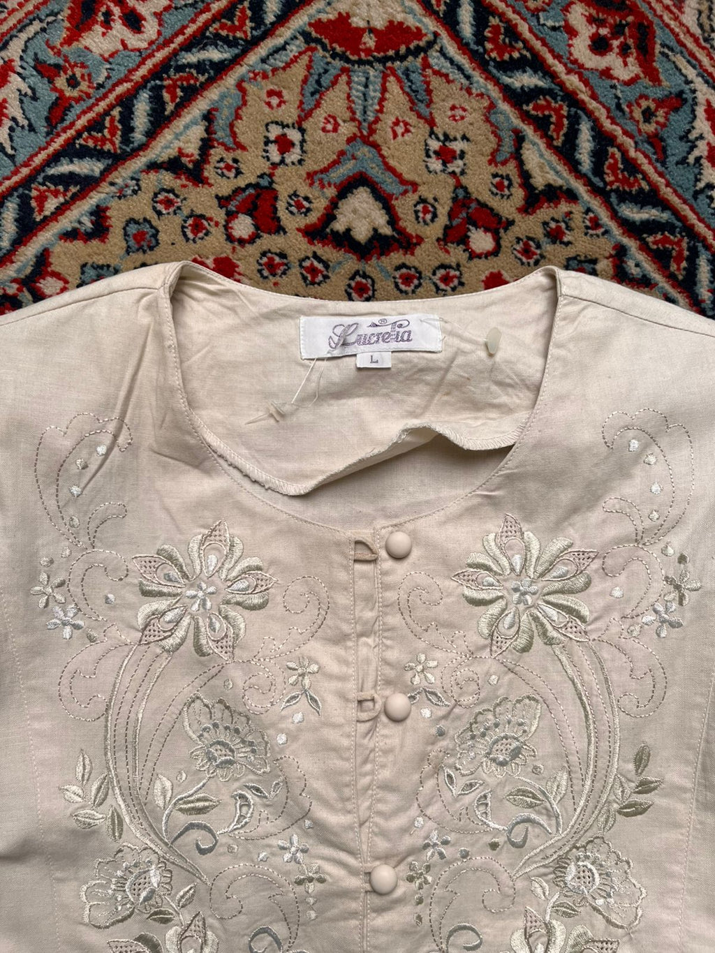 Lucretia Floral Embroidered Puff Cotton Blouse - XL