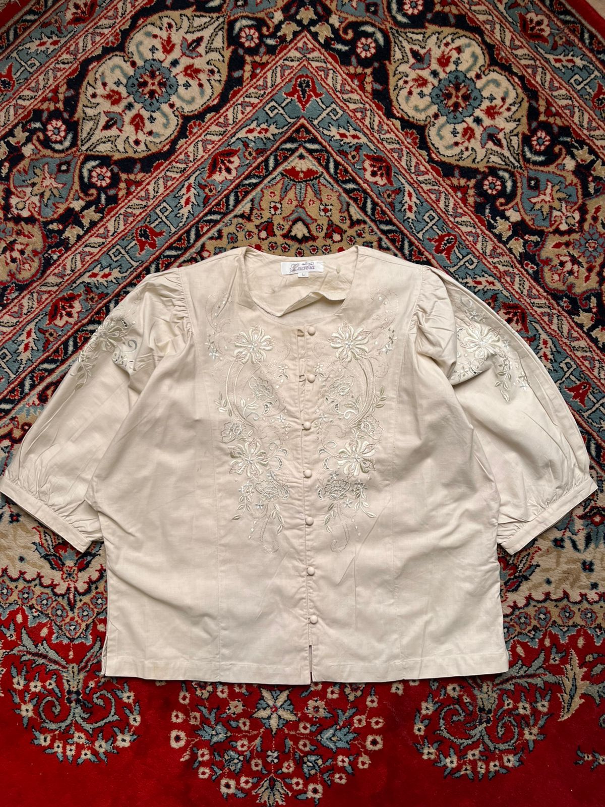 Lucretia Floral Embroidered Puff Cotton Blouse - XL