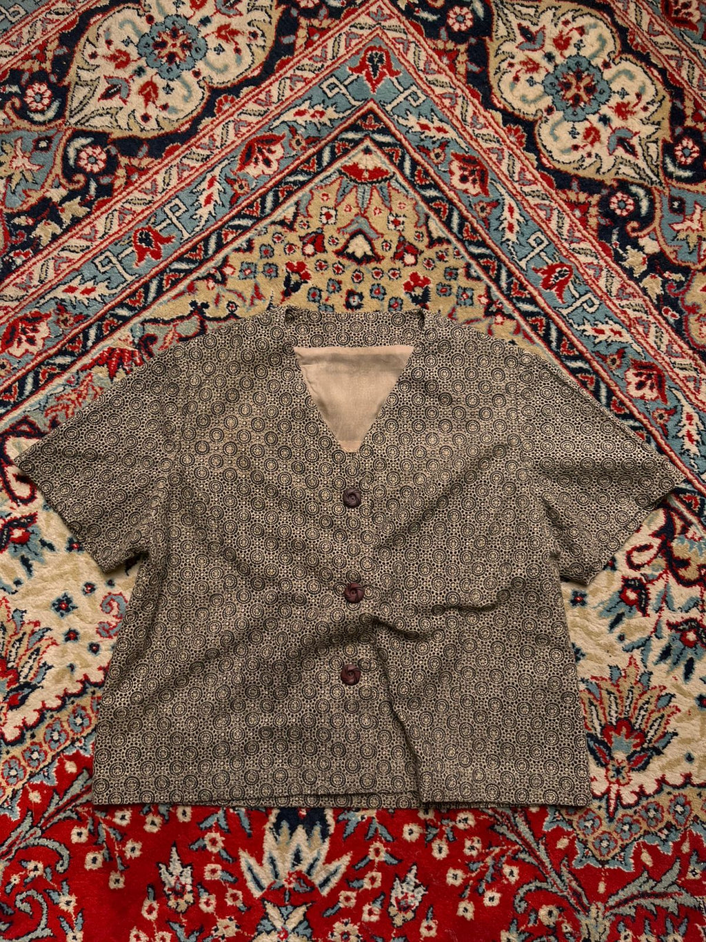 Vintage Geometric Eyelet Lace V-Neck Button Up Shirt - L