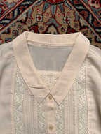 Vintage Embroidered Lace Trim Pintuck Button Up Blouse - M