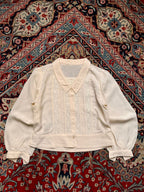 Vintage Embroidered Lace Trim Pintuck Button Up Blouse - M