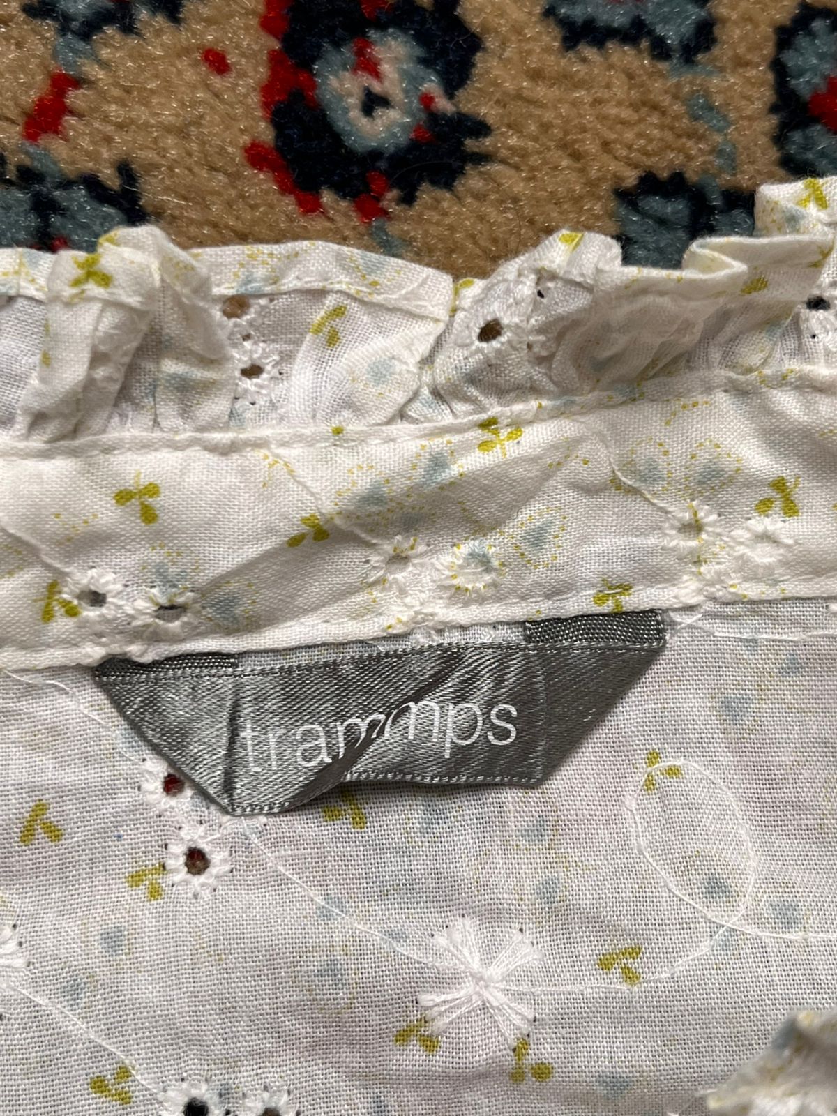 Trammps Japan Eyelet Embroidered Floral Ruffle Neck Cotton Blouse - L
