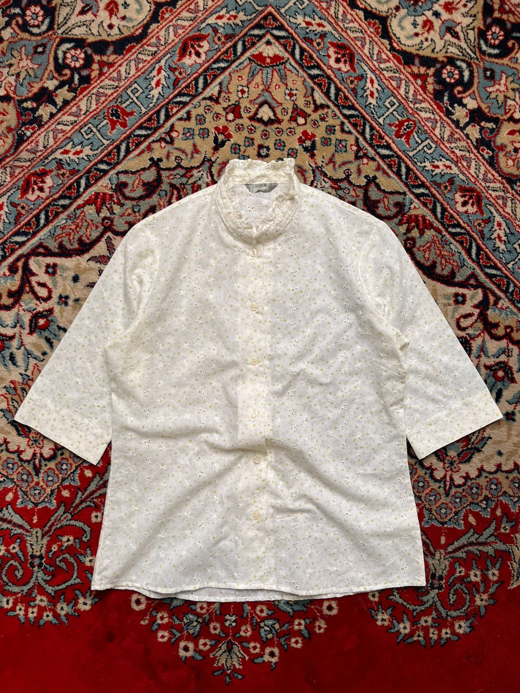 Trammps Japan Eyelet Embroidered Floral Ruffle Neck Cotton Blouse - L