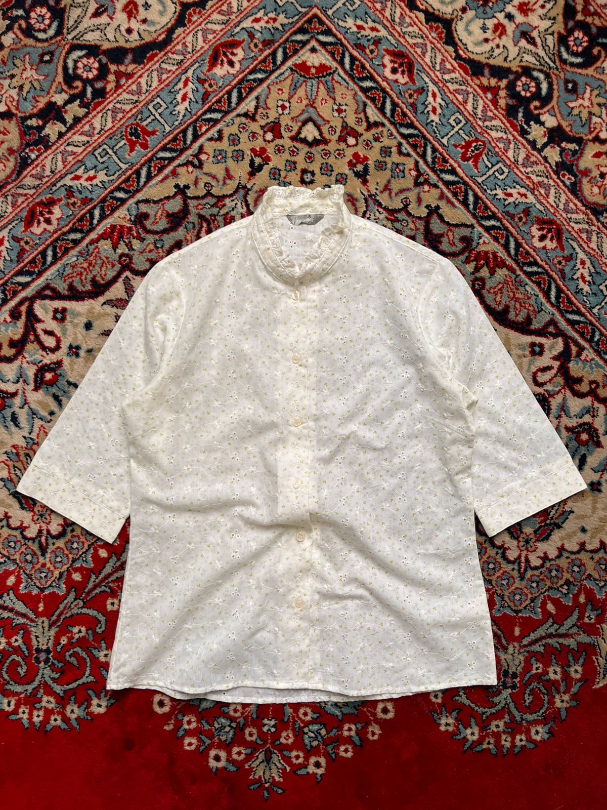 Trammps Japan Eyelet Embroidered Floral Ruffle Neck Cotton Blouse - L