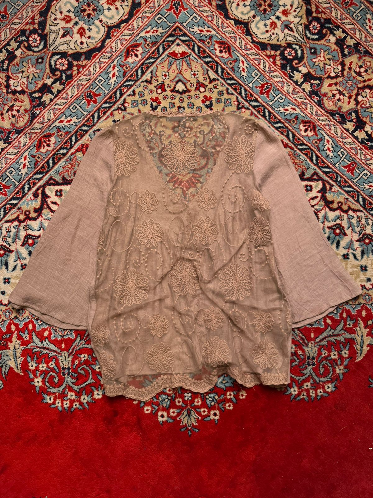 Love Stitch Embroidered Oversized Mesh Lace Blouse - L