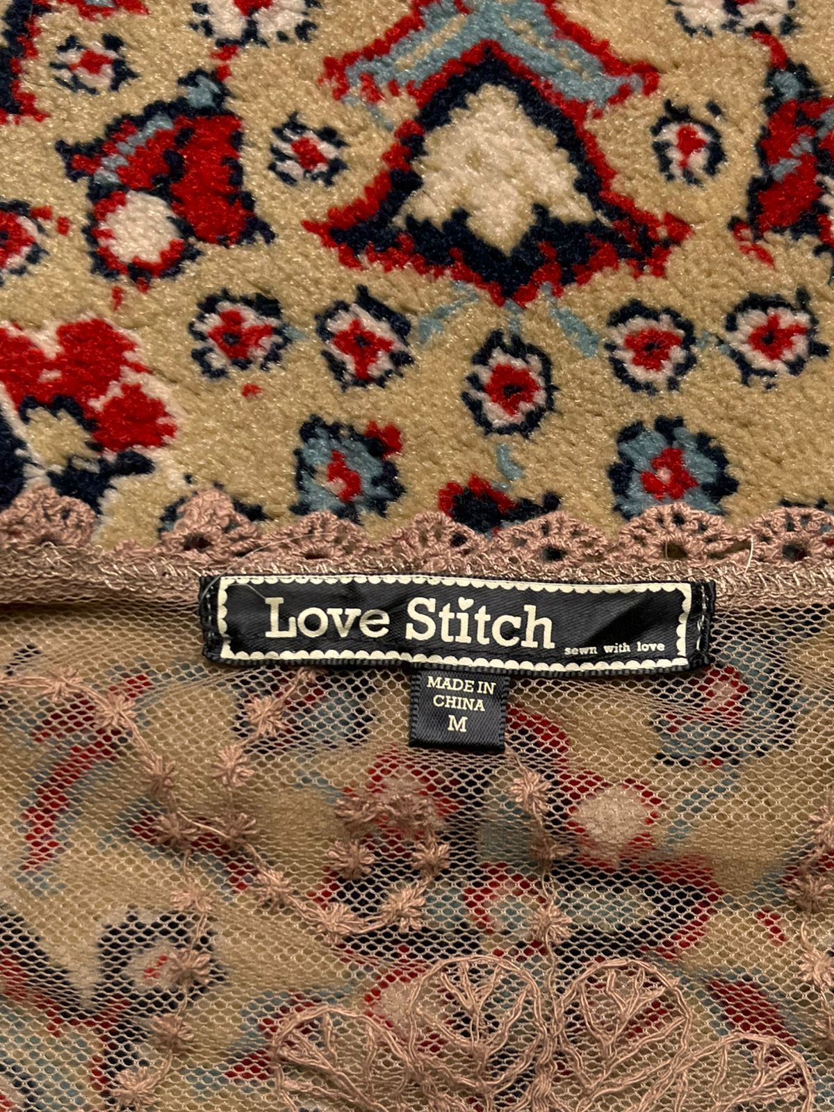 Love Stitch Embroidered Oversized Mesh Lace Blouse - L