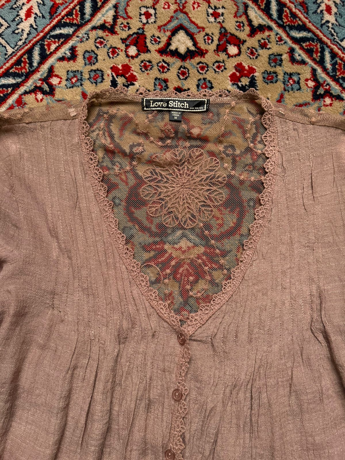Love Stitch Embroidered Oversized Mesh Lace Blouse - L