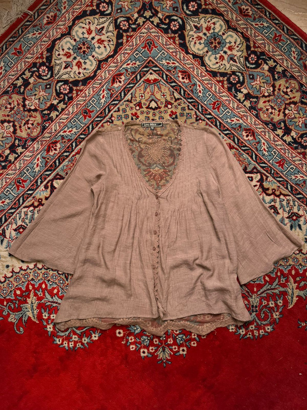 Love Stitch Embroidered Oversized Mesh Lace Blouse - L