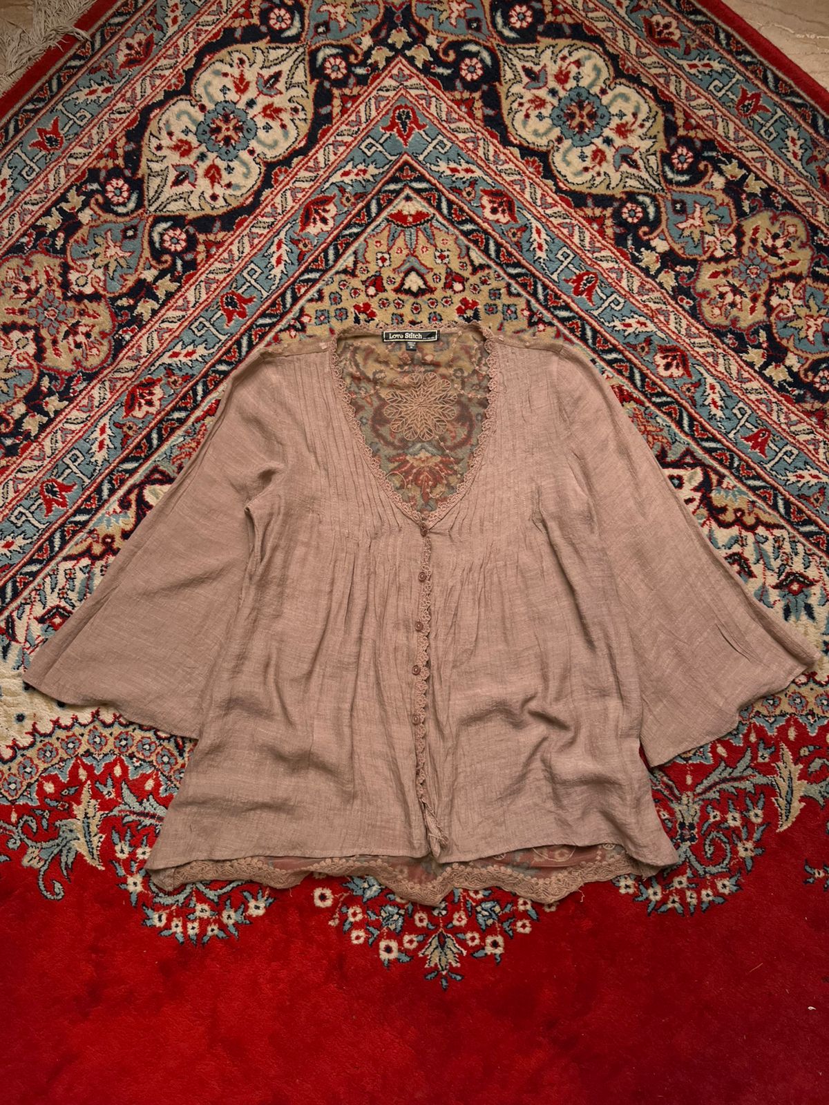 Love Stitch Embroidered Oversized Mesh Lace Blouse - L