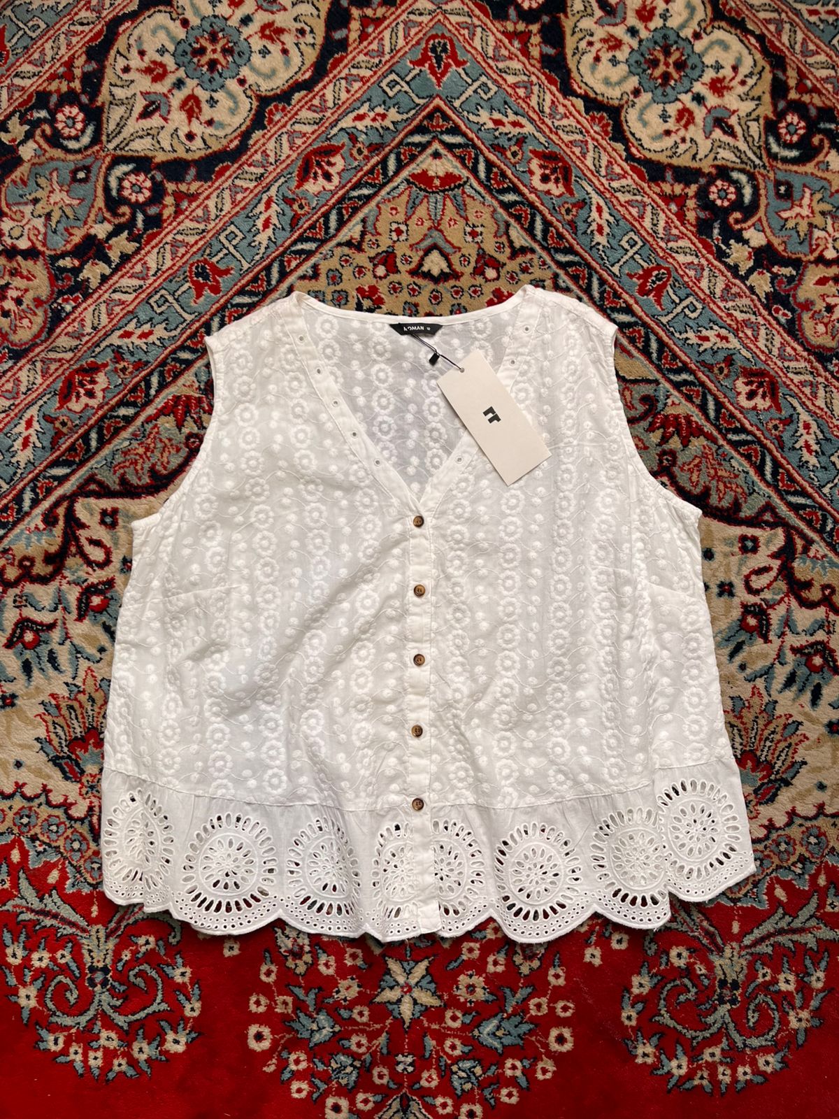 Roman White Cotton Embroidered Hem Tank Top - XL