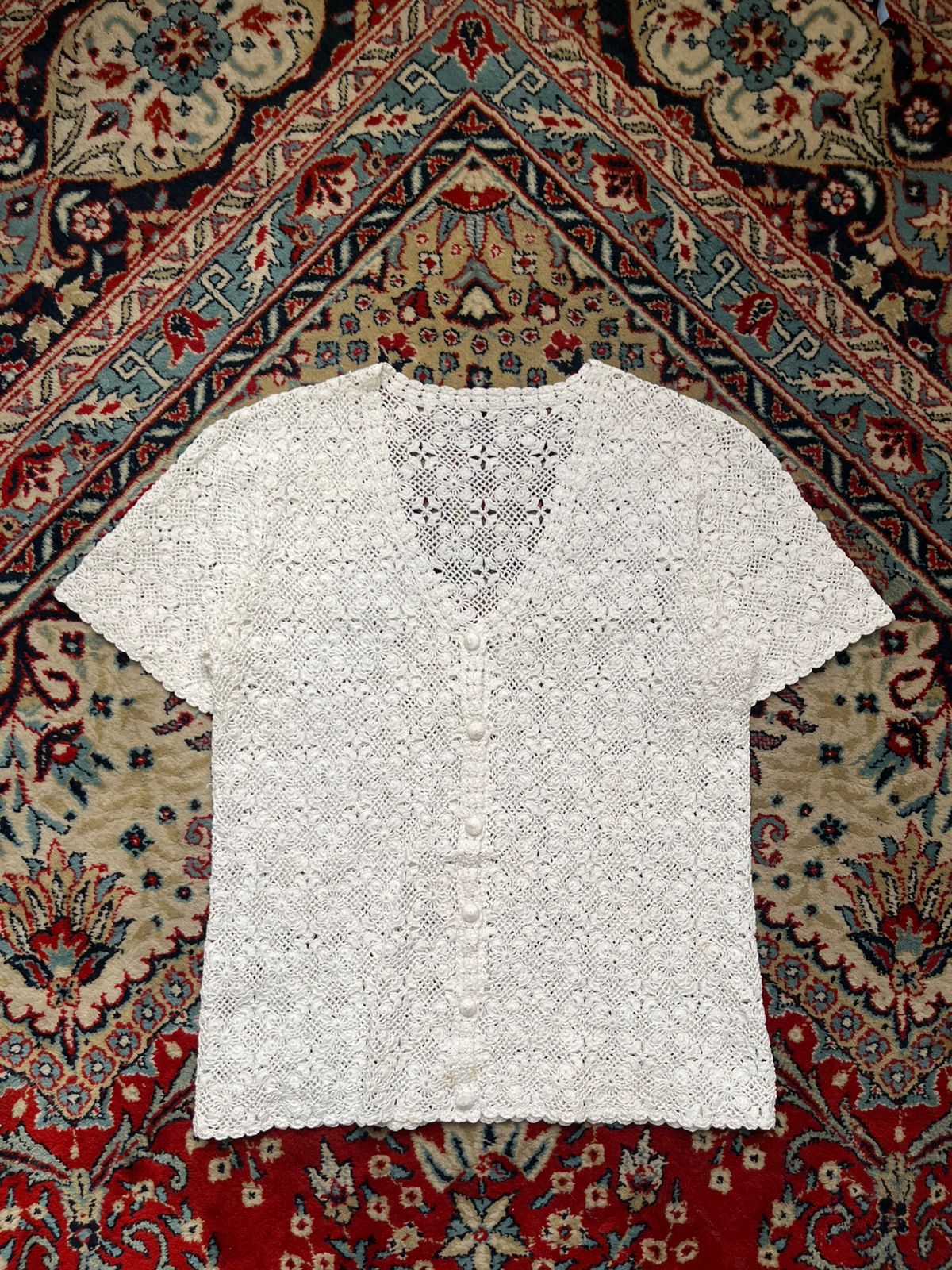 Vintage Crochet Knit Top Women White Cardigan - M