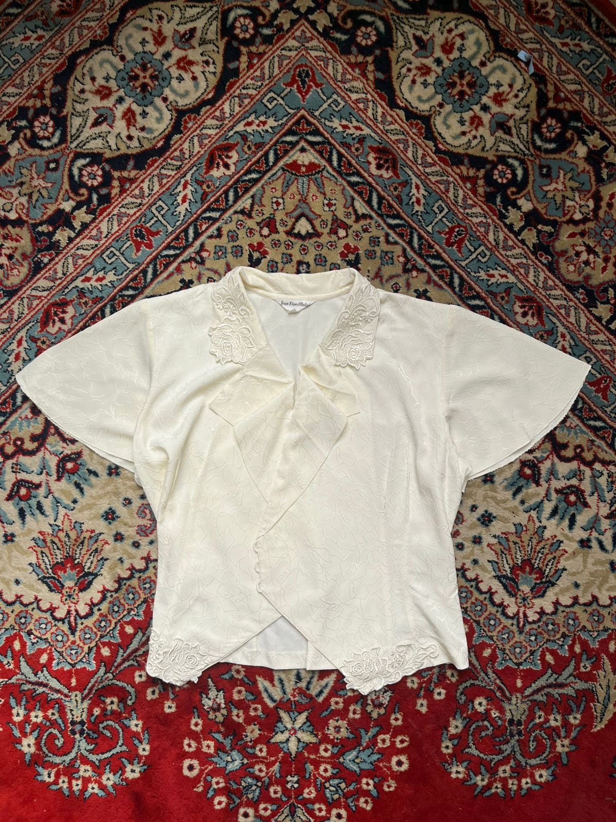 Vintage Jean Dore Palais White Butterfly Sleeve Jacquard Blouse - M