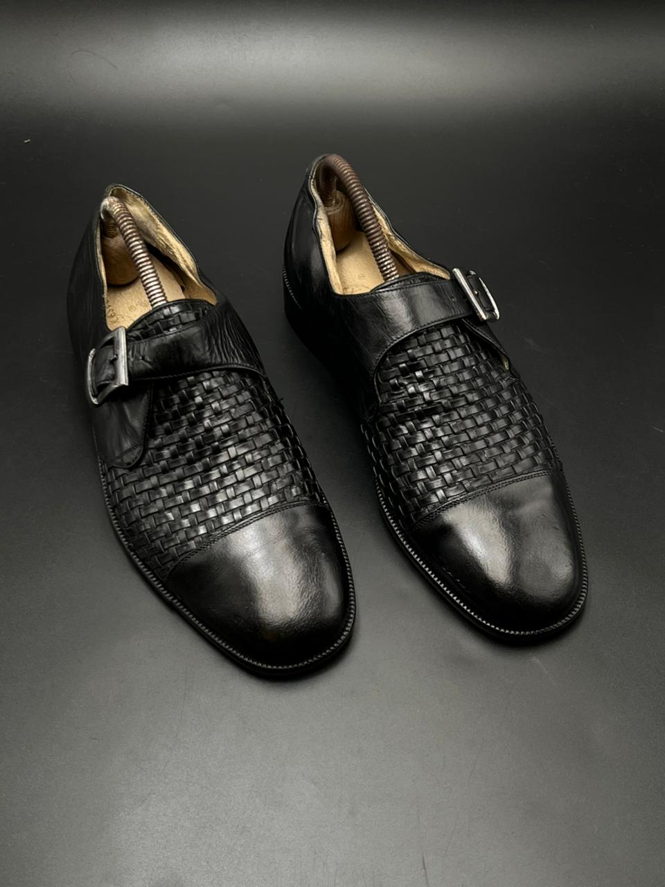 PASSO UOMO ITALY BLACK WOVEN LEATHER MONK STRAP DRESS SHOES