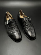 PASSO UOMO ITALY BLACK WOVEN LEATHER MONK STRAP DRESS SHOES