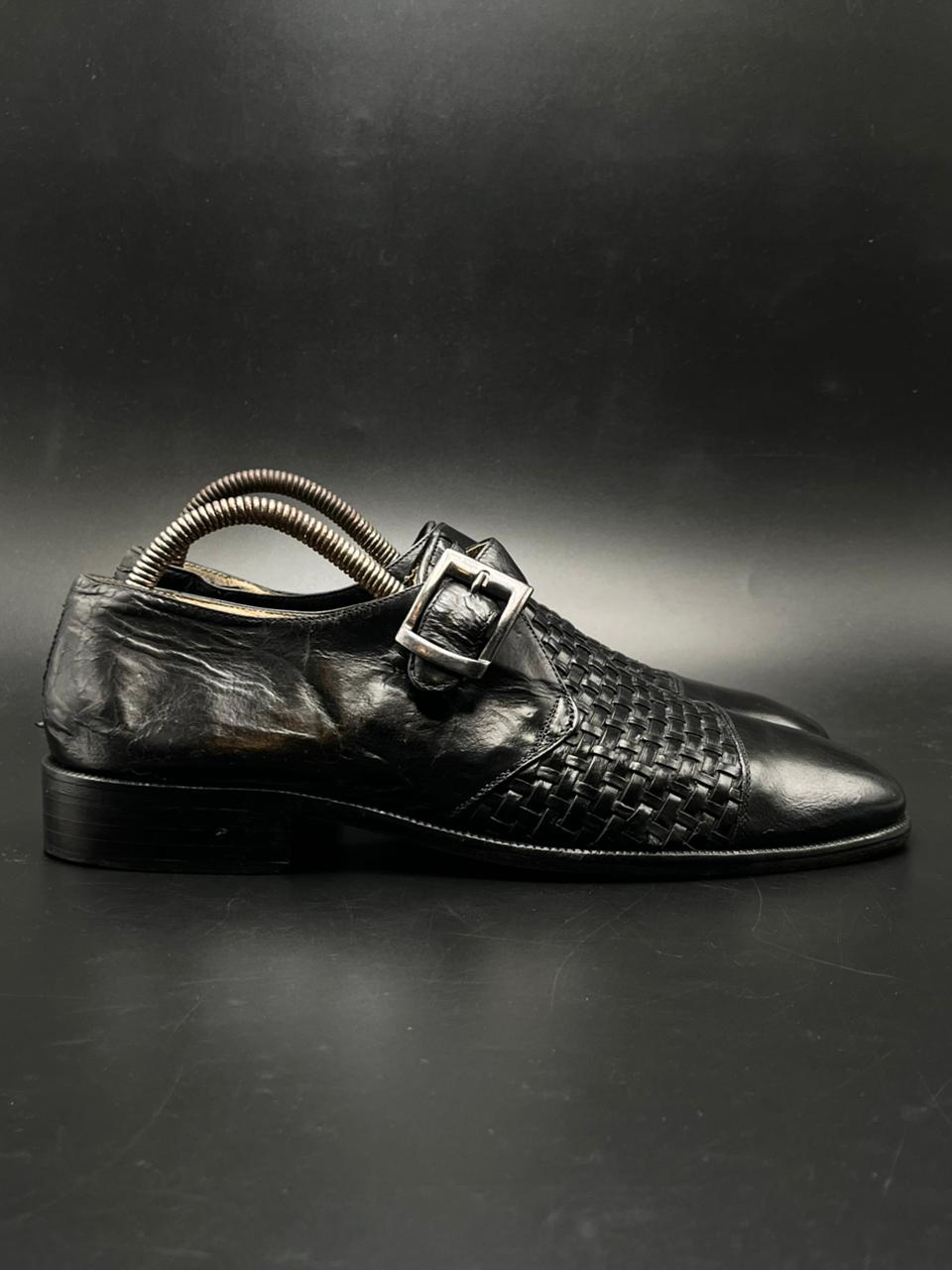 PASSO UOMO ITALY BLACK WOVEN LEATHER MONK STRAP DRESS SHOES