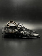 PASSO UOMO ITALY BLACK WOVEN LEATHER MONK STRAP DRESS SHOES