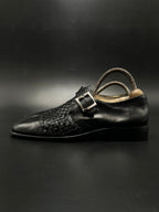 PASSO UOMO ITALY BLACK WOVEN LEATHER MONK STRAP DRESS SHOES
