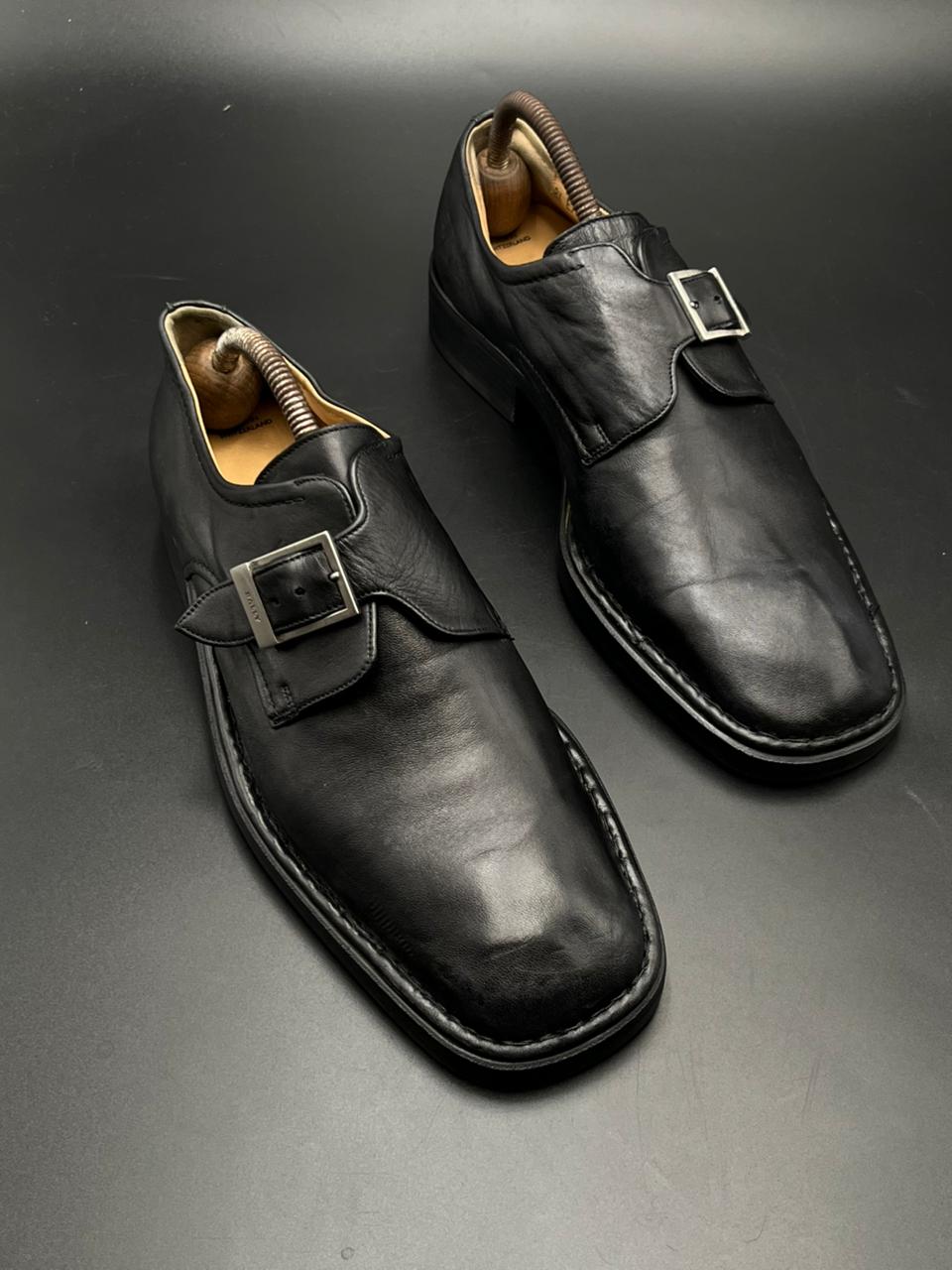 BALLY BLACK LEATHER SQUARE TOE SINGLE MONK STRAP Loafers