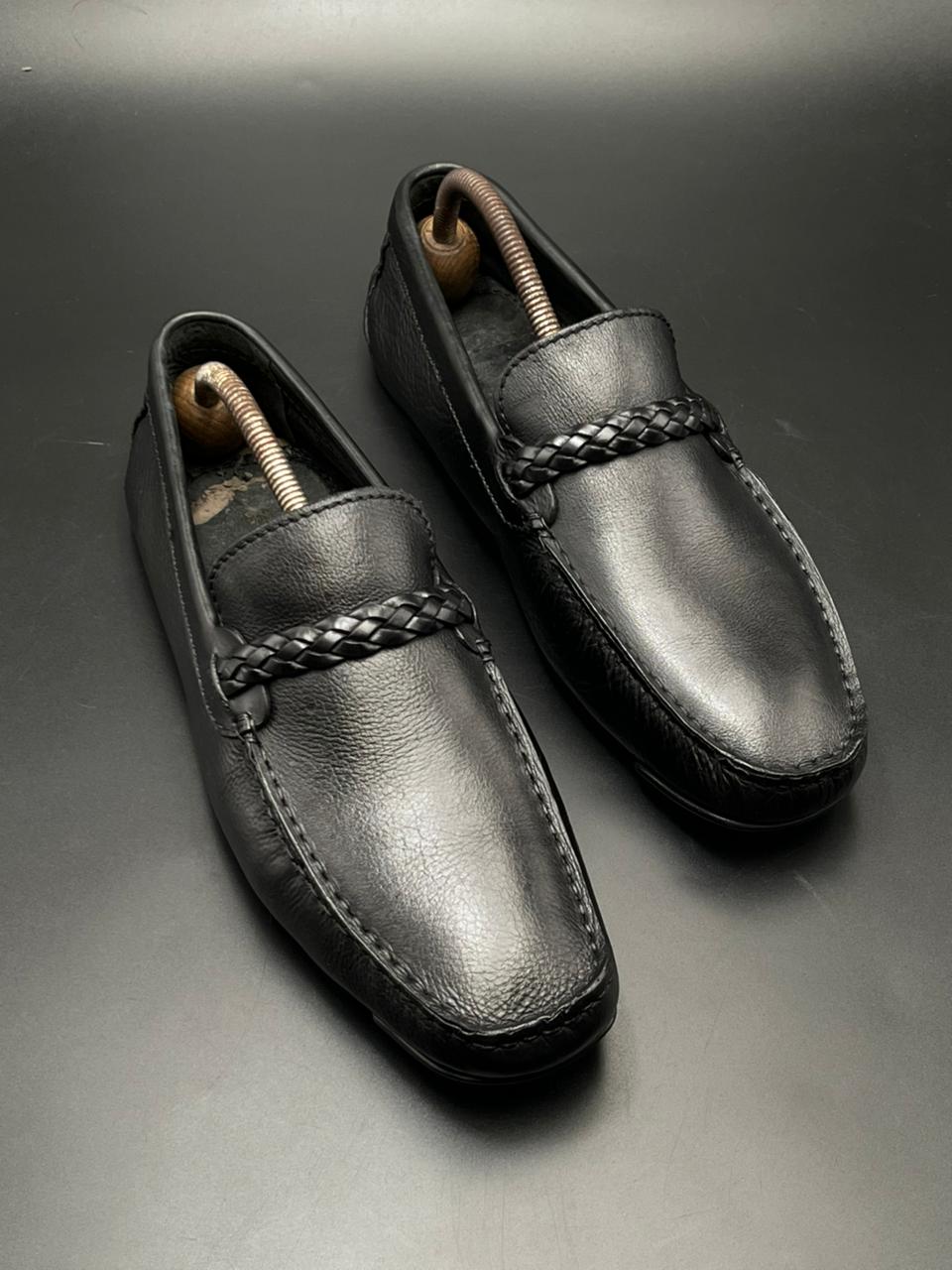 BLACK Portugal Made LEATHER BRAIDED STRAP DRIVING MOC SLIP ON LOAFERS SHOES