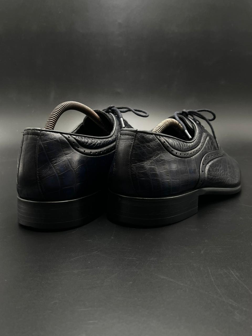 PAUL JOURDAN EXCLUSIVE HANDMADE BLACK/NAVY ALLIGATOR EMBOSSED LEATHER OXFORD DRESS SHOES