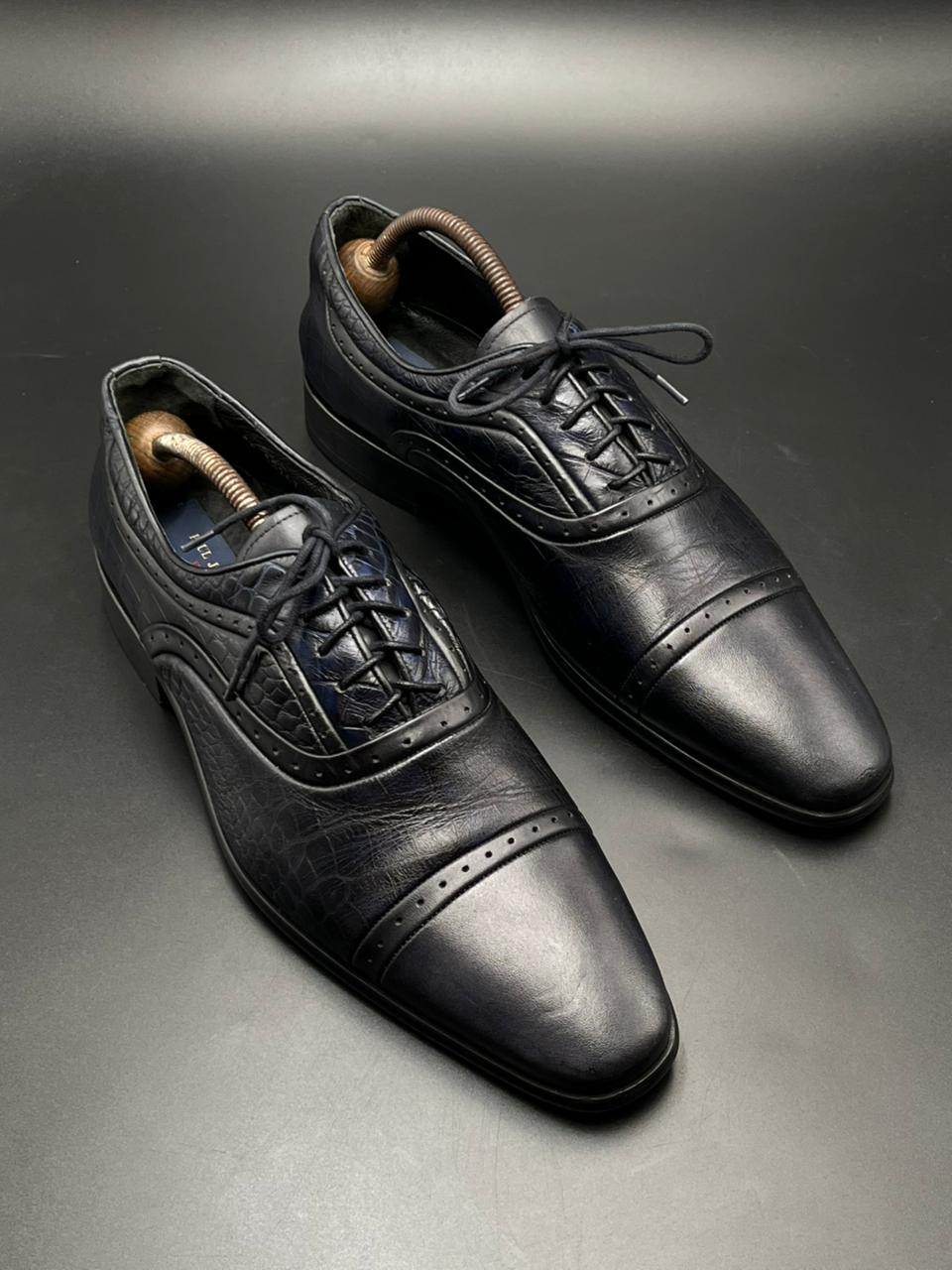 PAUL JOURDAN EXCLUSIVE HANDMADE BLACK/NAVY ALLIGATOR EMBOSSED LEATHER OXFORD DRESS SHOES