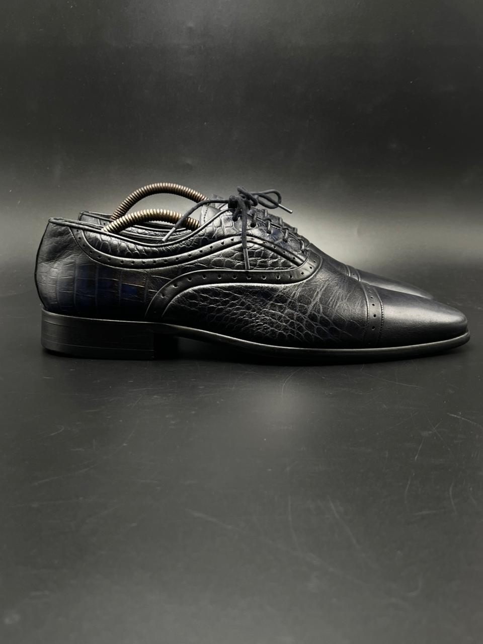 PAUL JOURDAN EXCLUSIVE HANDMADE BLACK/NAVY ALLIGATOR EMBOSSED LEATHER OXFORD DRESS SHOES
