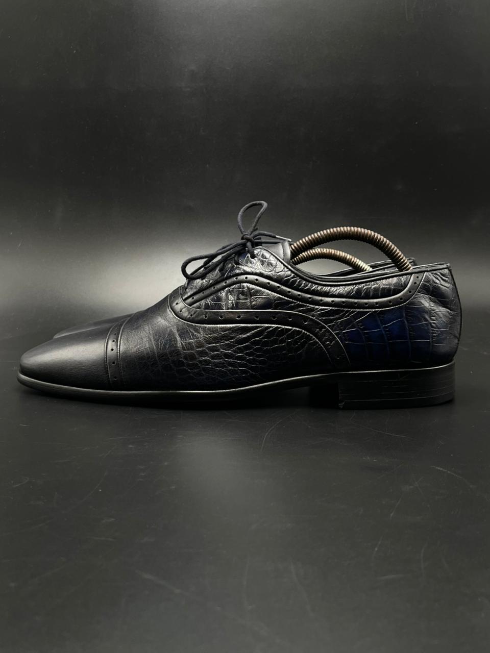 PAUL JOURDAN EXCLUSIVE HANDMADE BLACK/NAVY ALLIGATOR EMBOSSED LEATHER OXFORD DRESS SHOES