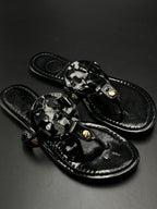 TORY BURCH BLACK PATENT LEATHER MILLER THONG FLAT SLIPPERS