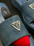 GUESS BLUE DENIM PLATFORM SLIDES
