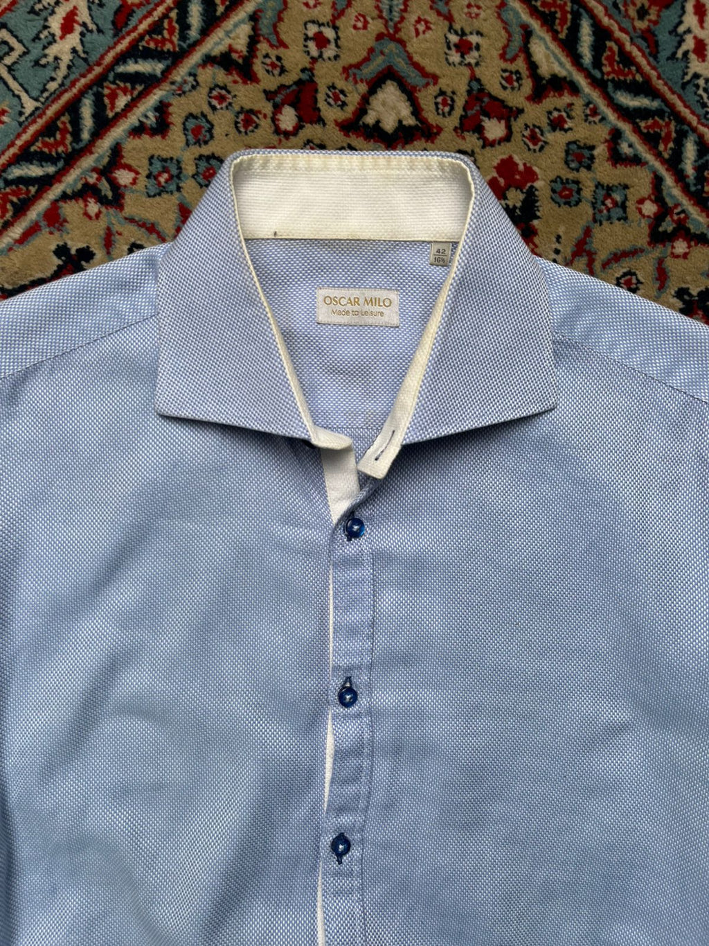 OSCAR MILO LIGHT BLUE MICRO JACQUARD SLIM FIT TEXTURED BUTTON DOWN SHIRT - XL