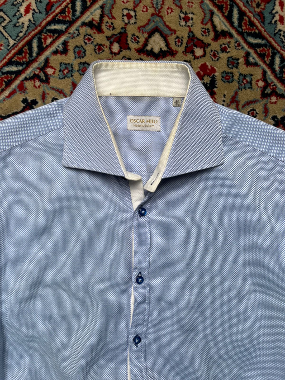 OSCAR MILO LIGHT BLUE MICRO JACQUARD SLIM FIT TEXTURED BUTTON DOWN SHIRT - XL