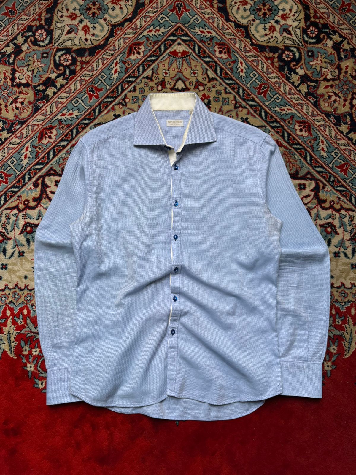 OSCAR MILO LIGHT BLUE MICRO JACQUARD SLIM FIT TEXTURED BUTTON DOWN SHIRT - XL