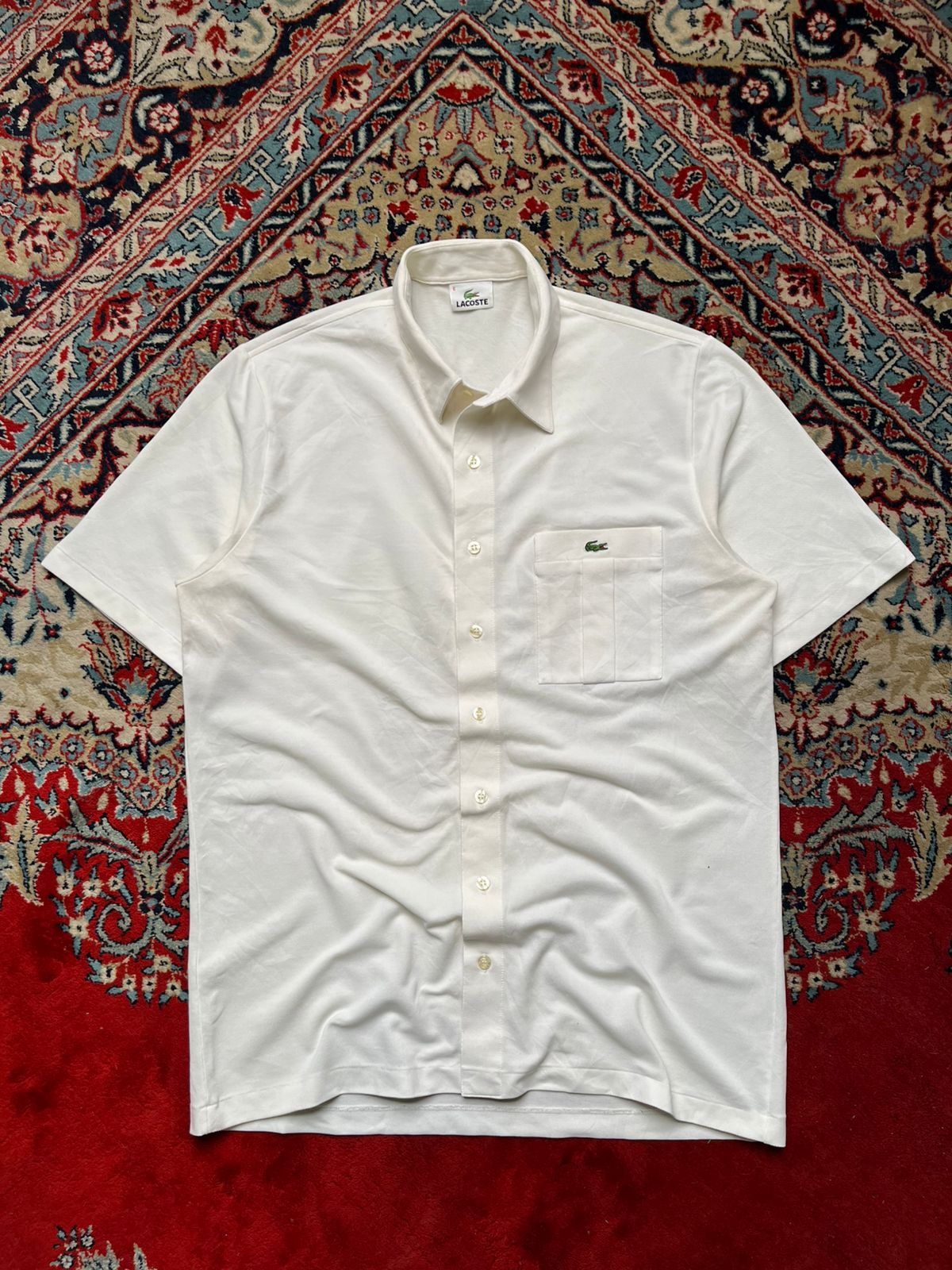LACOSTE WHITE TEXTURED COTTON/POLY BLEND BUTTON DOWN SHIRT - XL