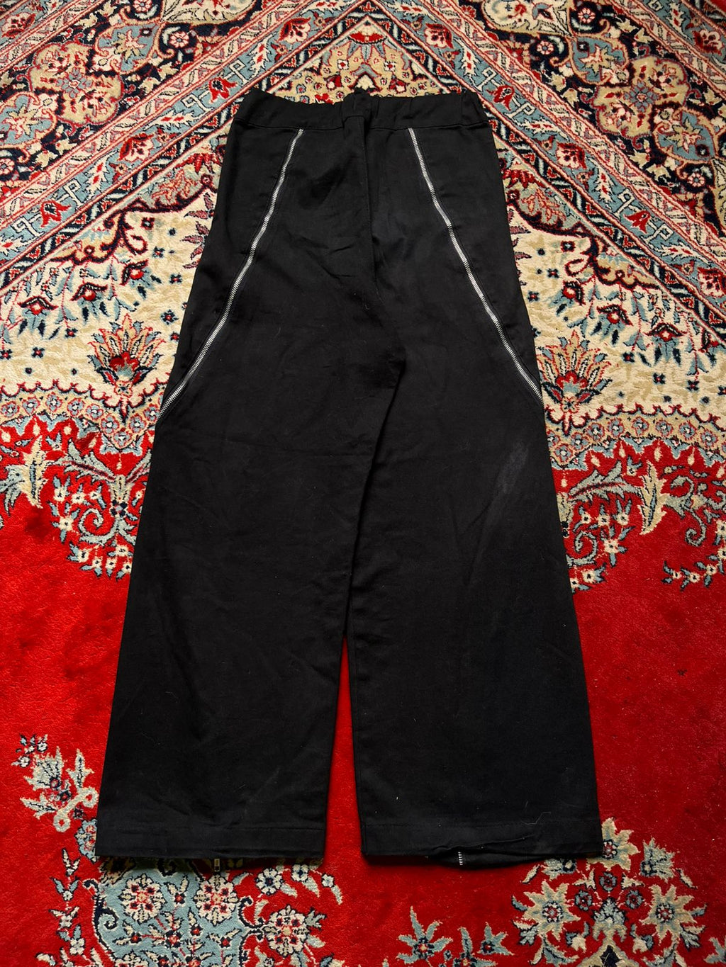 VINTAGE BLACK COTTON FLARED STAGED ZIPPER PANTS - 28