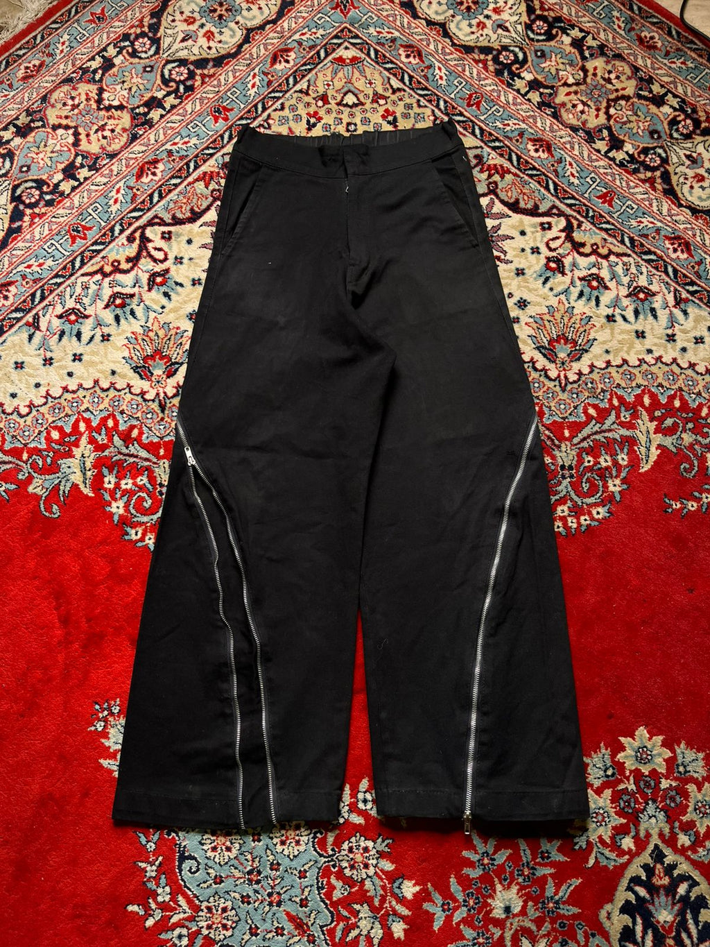 VINTAGE BLACK COTTON FLARED STAGED ZIPPER PANTS - 28
