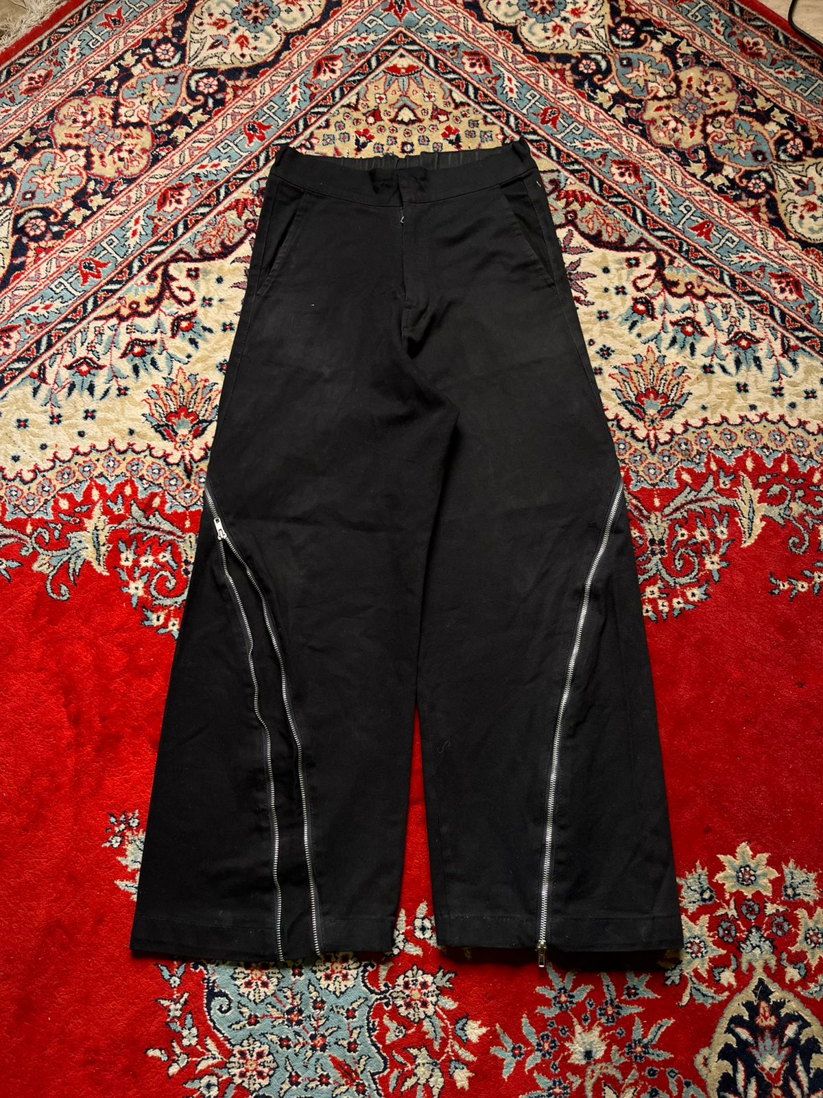 VINTAGE BLACK COTTON FLARED STAGED ZIPPER PANTS - 28