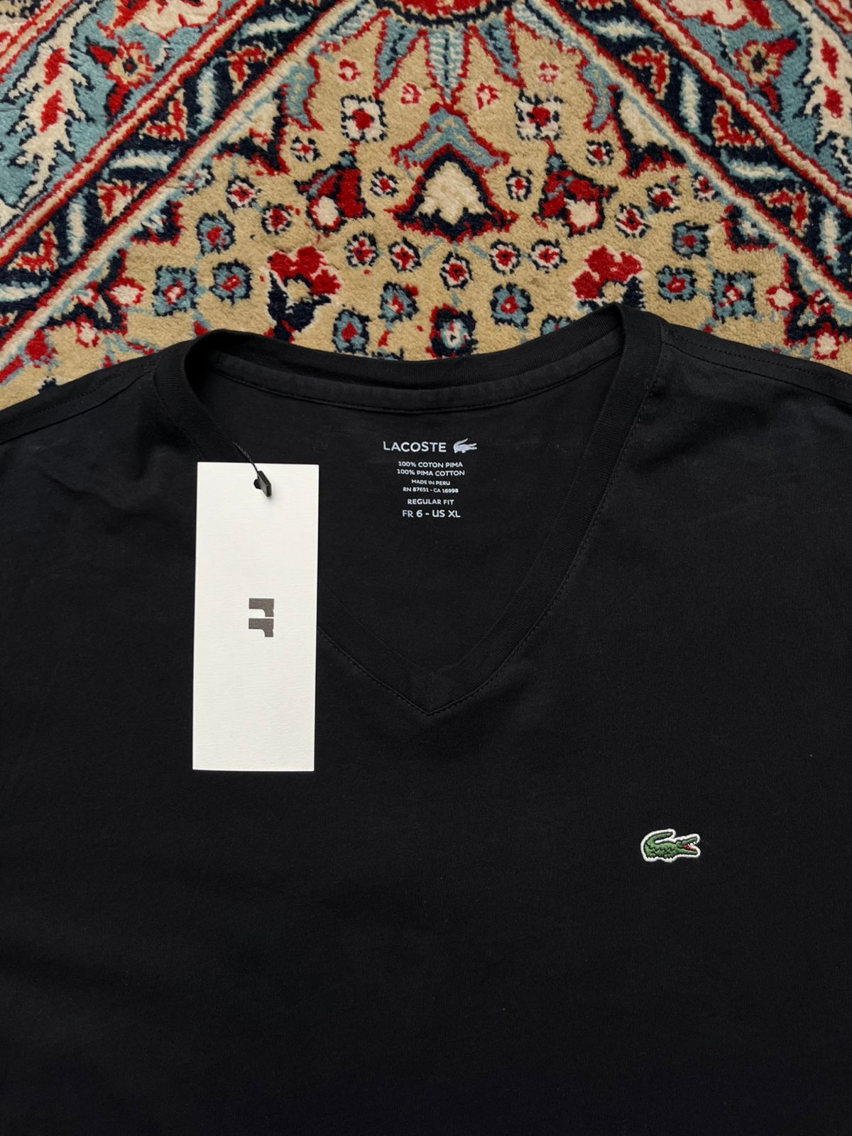 LACOSTE V-NECK BLACK COTTON TEE - L