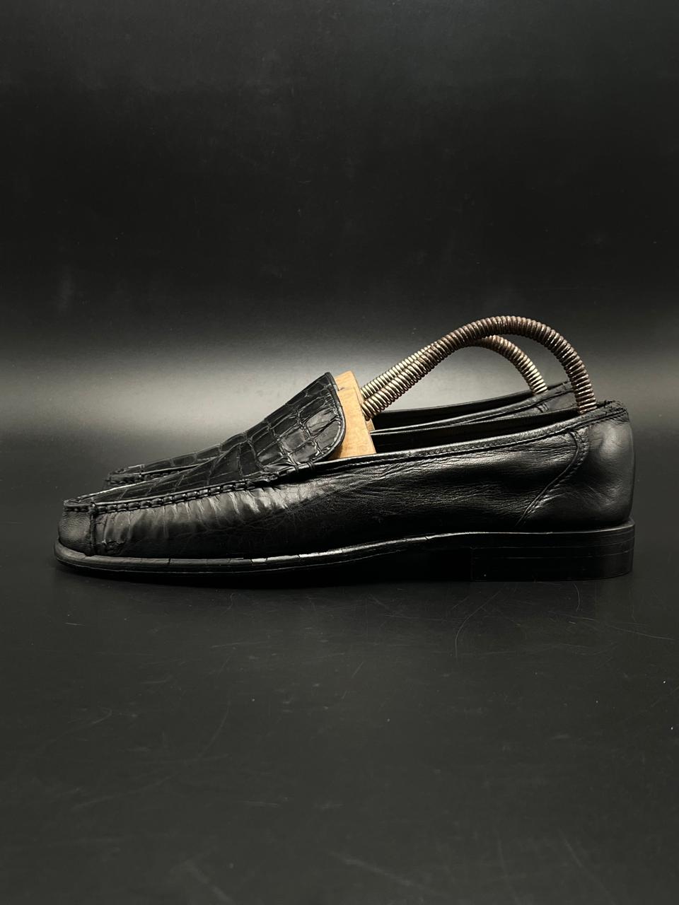 GIORGIO LANFRANCHI BLACK CROC-EMBOSSED LEATHER LOAFERS