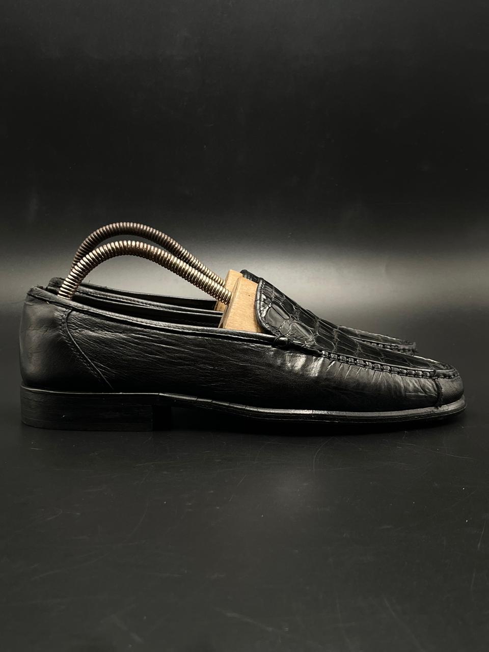 GIORGIO LANFRANCHI BLACK CROC-EMBOSSED LEATHER LOAFERS