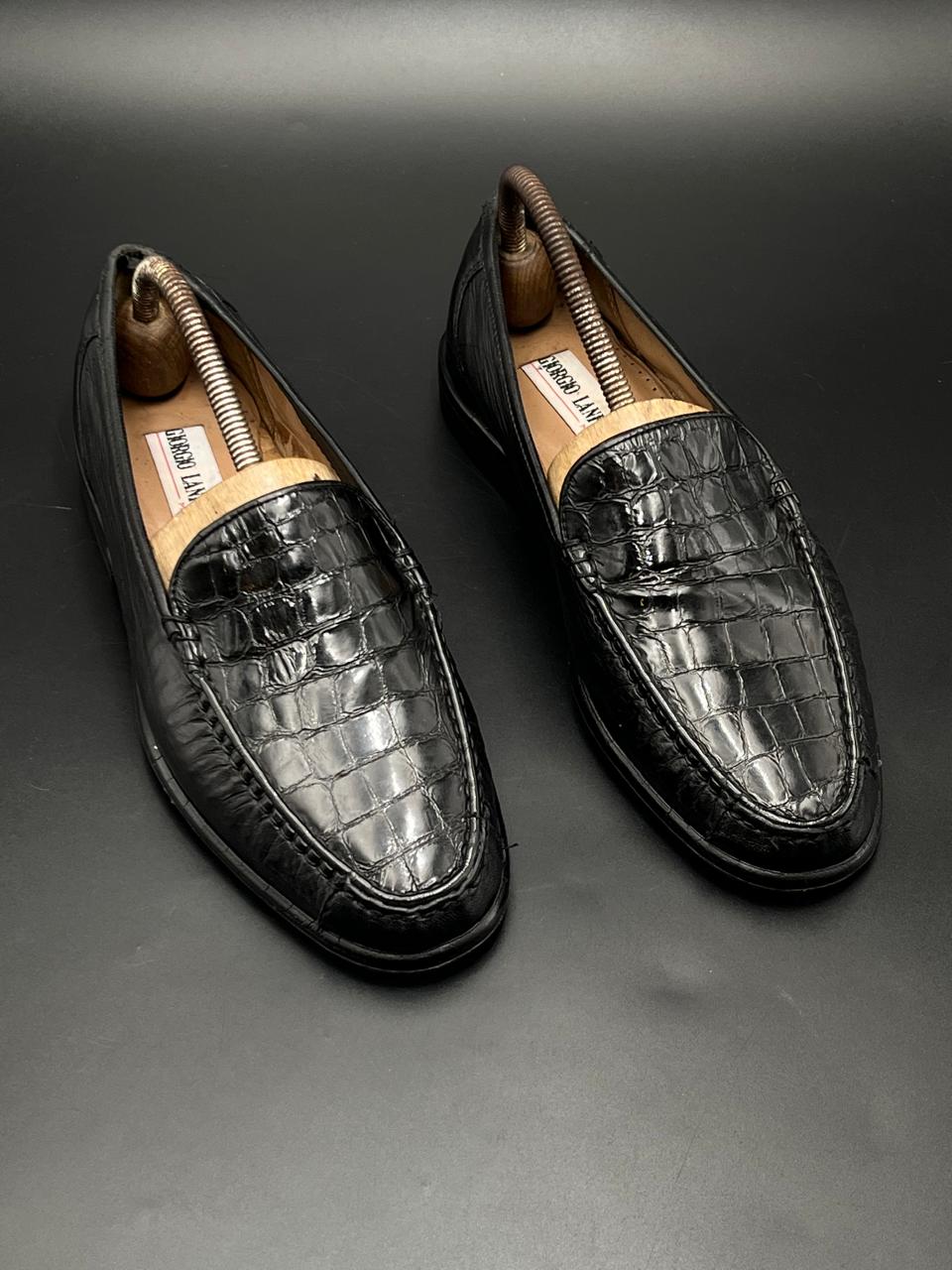 GIORGIO LANFRANCHI BLACK CROC-EMBOSSED LEATHER LOAFERS