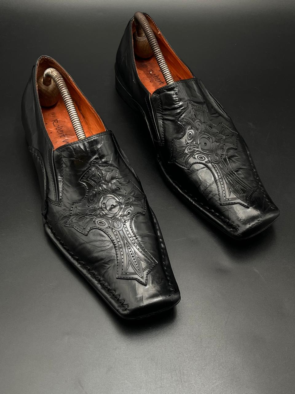 ROBERT WAYNE BLACK LEATHER CELTIC CROSS SLIP-ON LOAFERS
