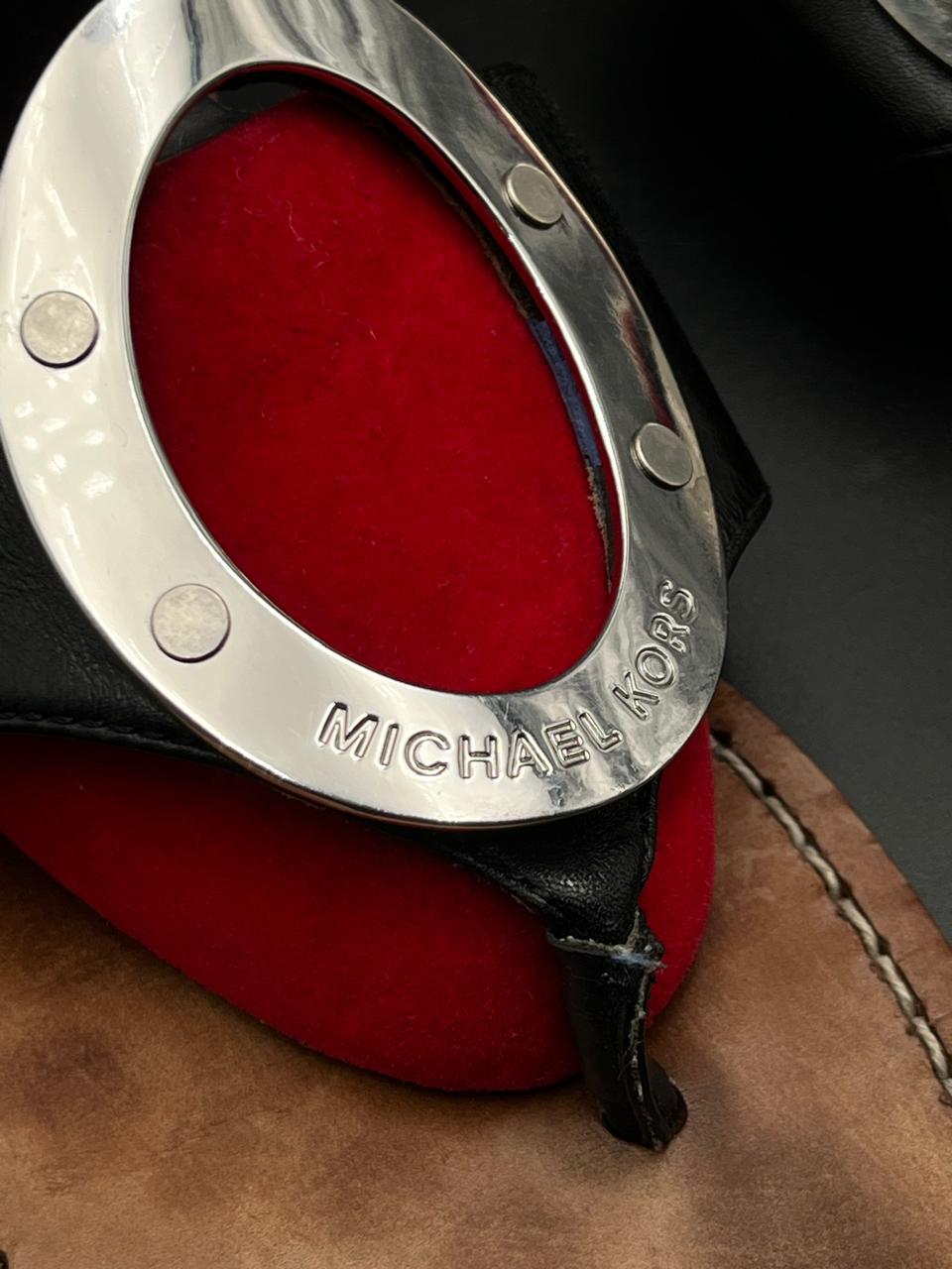 MICHAEL KORS BLACK LEATHER SILVER LOGO RING SLIPPERS